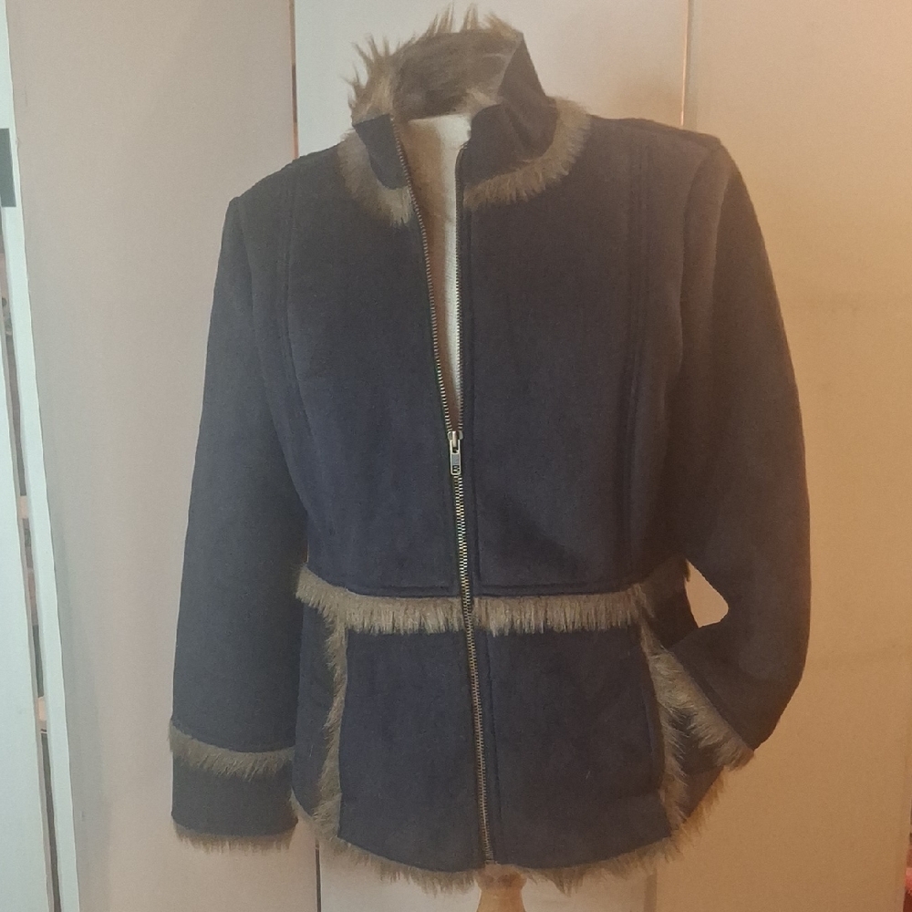 Faux-Suede Navy Jacket with Faux-Fur Trim